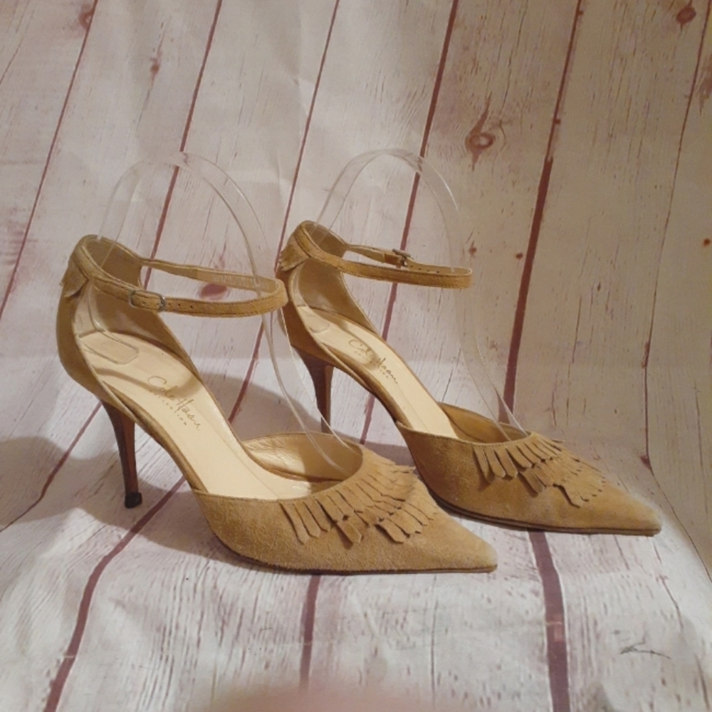Cole Haan Collection Camel Suede Fringe Front Ankle Strap Pumps 7M MSRP $189